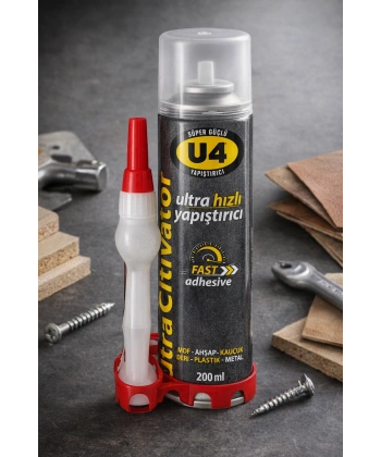 U4 Ultra Hızlı Yapıştırıcı 200 ml Süper Güçlü Şeffaf Endüstriyel Fast Adhesive MDF Ahşap Plastik Metal Deri