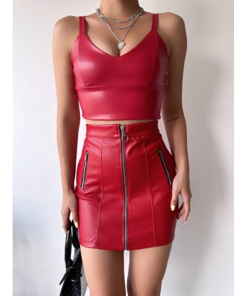 Üç fermuarlı deri etek bordo s24510