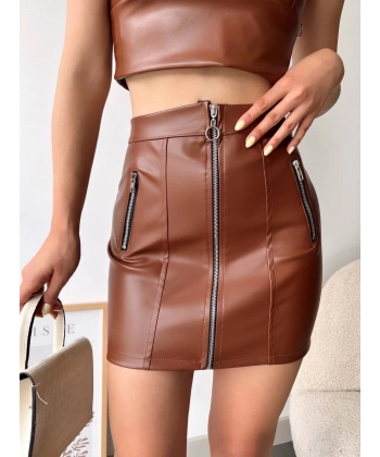 Üç fermuarlı deri etek kahve s24510