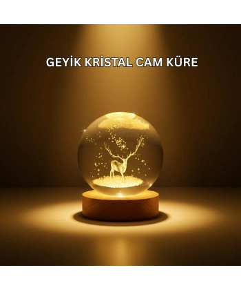 USB Bağlantılı Geyik Temalı Kristal Küre Premium Masa Gece Lambası
