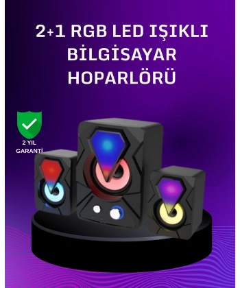 USB Bağlantılı RGB 2.1 Hoparlör Seti Derin Bas ve Renkli Işık