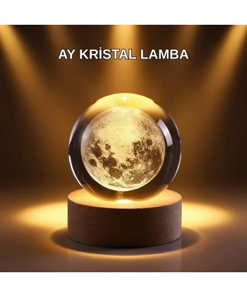 USB Işıklı Ay Kristal Küre 3D Oyma Tasarım Ahşap Standlı Gece Lambası