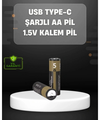 USB Type-C Girişli Şarjlı AA Lityum Pil | 1.5V Sabit Çıkış | 3200mWh (2li Paket)