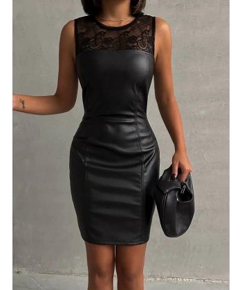 Üstü dantelli straplez deri elbise siyah w24421