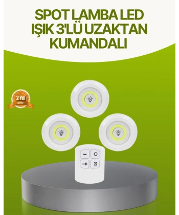 Uzaktan Kumandalı 3 Lü Kablosuz Led Spot Lamba Seti Yapışkanlı Pratik Kullanım