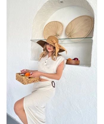 Uzun etekli bluz takım keten krem s255852