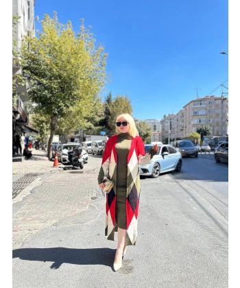 Uzun hırka içi elbise ikili triko takım ekose baklava desen haki kırmızı