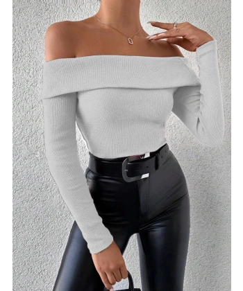 Uzun kol madonna yaka bluz gri