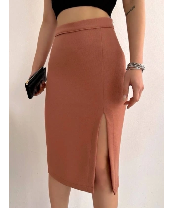 Uzun midi boy yırtmaçlı etek somon s24907