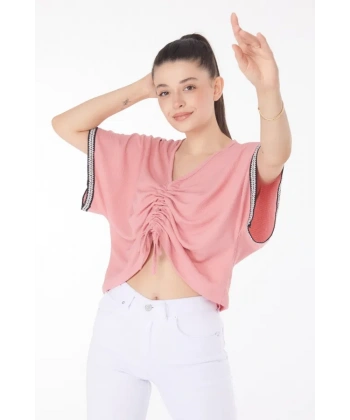 V yaka büzgülü detaylı bluz