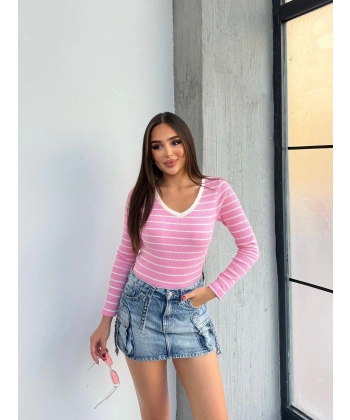 V yaka çizgili bluz pembe A3699