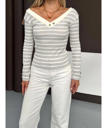 V yaka kol ve yaka düğmeli bluz gribeyaz A4047