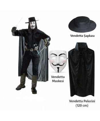 Vendetta Kostüm Seti – Şapka Maske Pelerin (120 cm)