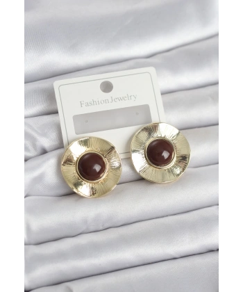 Vintage Model Kahverengi Gold Renk Pirinç Kadın Küpe