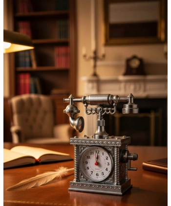 Vintage Telefon Tasarımlı Masa Saati ve Çalar Saat Dekoratif Model