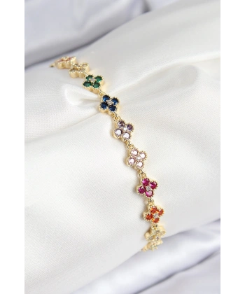 VIP Pirinç Renkli Zirkon Taşlı Yonca Model Gold Renk Kadın Bileklik