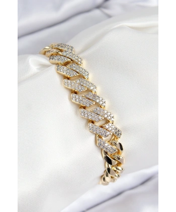 VIP Pirinç Zirkon Taşlı Cuba Model Gold Renk Kadın Bileklik