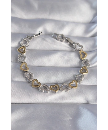 Vip Seri Pirinç Çift Renkli Zirkon Taşlı İçi Boş Kalp Tasarımlı Bileklik
