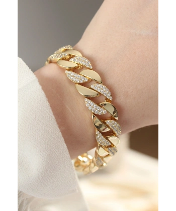 Vip Seri Pirinç Zirkon Taşlı Gold Renk Gurmet Bileklik