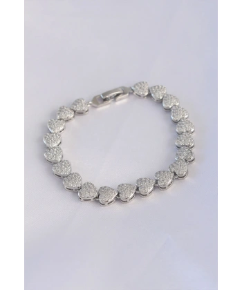 Vip Seri Pirinç Zirkon Taşlı Gümüş Renk Kalp Model Bileklik