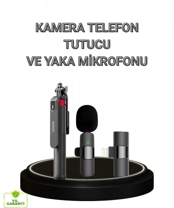 Vlog ve Canlı Yayın İçin Çift Yaka Mikrofonu ve Tripodlu Selfie Çubuğu Seti