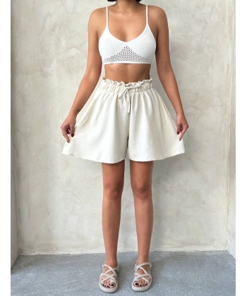 Volanlı keten şort bej s255058