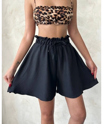 Volanlı keten şort siyah s255058