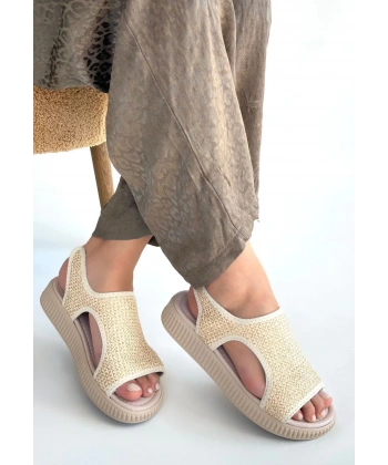 Wayi Bej Hasır Cilt Sandalet