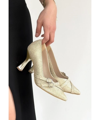 Wenda Gold Simli Cilt Topuklu Ayakkabı