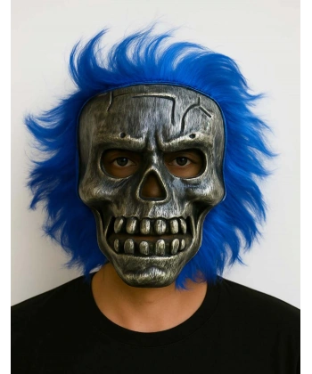 Wild Skull - Gümüş Kafatası Mavi Saçlı İskelet Maske