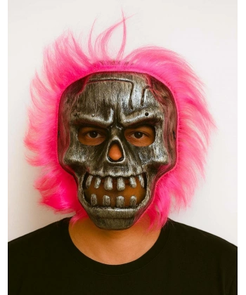 Wild Skull - Gümüş Kafatası Pembe Saçlı İskelet Maske