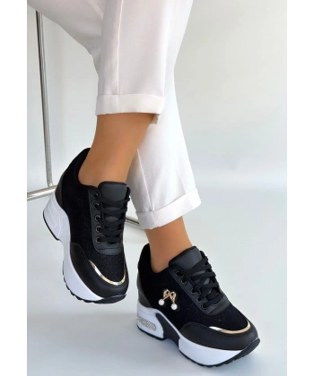 Wody Siyah Cilt Simli Bağcıklı Spor Ayakkabı