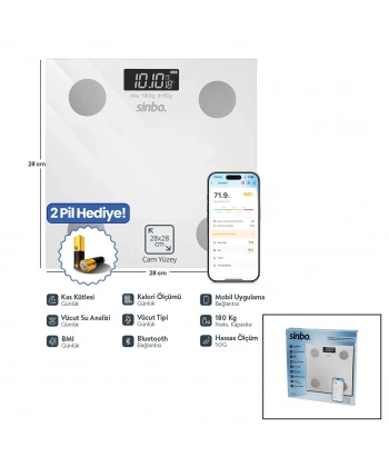 YAĞ ÖLÇERAKILLI BLUETOOTH CAM BASKÜL PİLLİ 180KG/50GR 28X28CM 8-KİŞİ HAFIZA LCD EKRAN GÖSTERGE SBS-4467