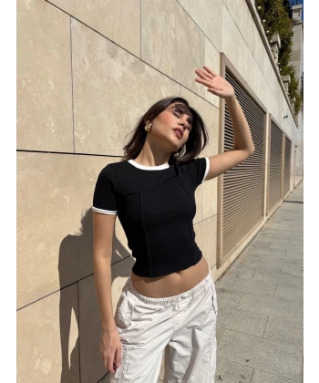 Yaka kol garnili ön parçalı bluz