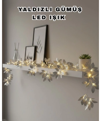 Yaldızlı Gümüş Yaprak LED Işık Pilli Dekoratif Ortam ve Yılbaşı Aydınlatması