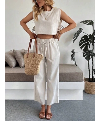 Yan bağlama detaylı pantolonlu takım bej