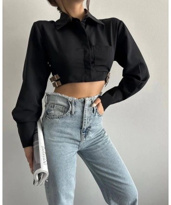 Yanı kemer detaylı crop gömlek siyah s4009