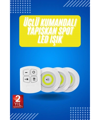 Yapışkanlı 3lü Spot Led Işık Lamba Montajsız Pilli Uzaktan Kumandalı
