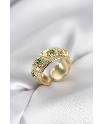 Yeşil Zirkon Taşlı Gold Renk Vintage Kadın Yüzük