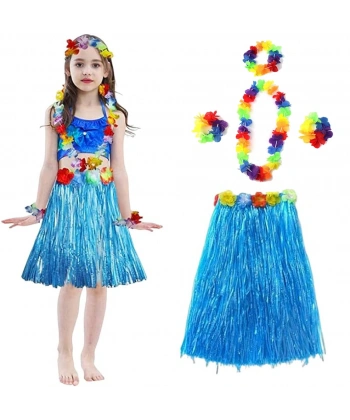 Yetişkin ve Çocuk Uyumlu Hawaii Luau Aloha Mavi Püsküllü Etek Kolye Taç ve 2 Adet Bileklik Seti