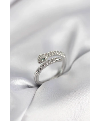 Yılan Model Gümüş Renk Zirkon Taşlı Kadın Yüzük