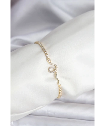 Yılan Model Zirkon Taşlı Gold Renk Pirinç Su Yolu Kadın Bileklik