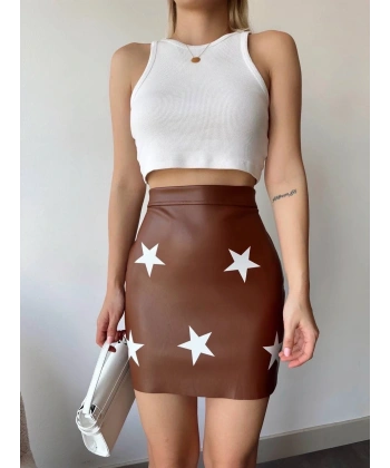 Yıldız baskılı deri etek kahve