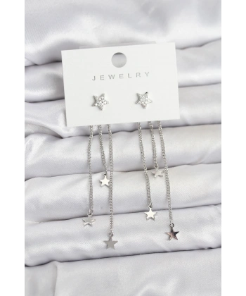 Yıldız Model Gümüş Renk Pirinç Sallantılı Kadın Küpe