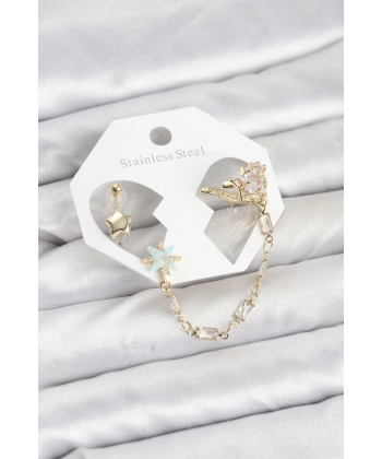 Yıldız Model Pirinç Gold Renk Zincir Bağlantılı Ear Cuff Küpe Seti