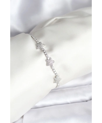 Yıldız Model Zirkon Taşlı Gümüş Renk Pirinç Su Yolu Kadın Bileklik