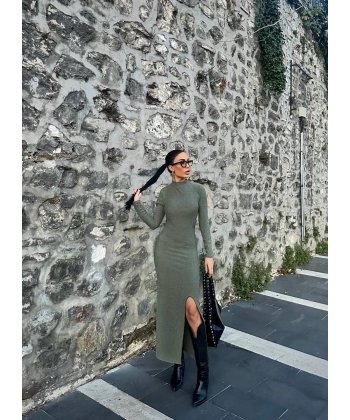 Yırtmaçlı kalın bürümcük uzun elbise Yeşil