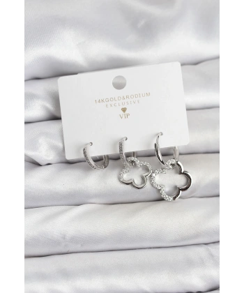 Yonca Model Gümüş Renk Pirinç 3lü Kadın Küpe Seti