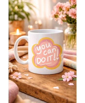 You Can Do It Yazılı Porselen Kupa MODEL 126 – Motive Edici Mesajlı, Çiçek Tasarımlı, Pozitif Enerji Veren Hediye Kupası