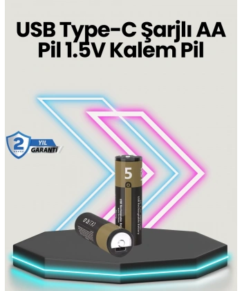 Yüksek Performanslı AA USB Şarjlı Lityum Pil | 1.5V Sabit Güç | 2’li Paket